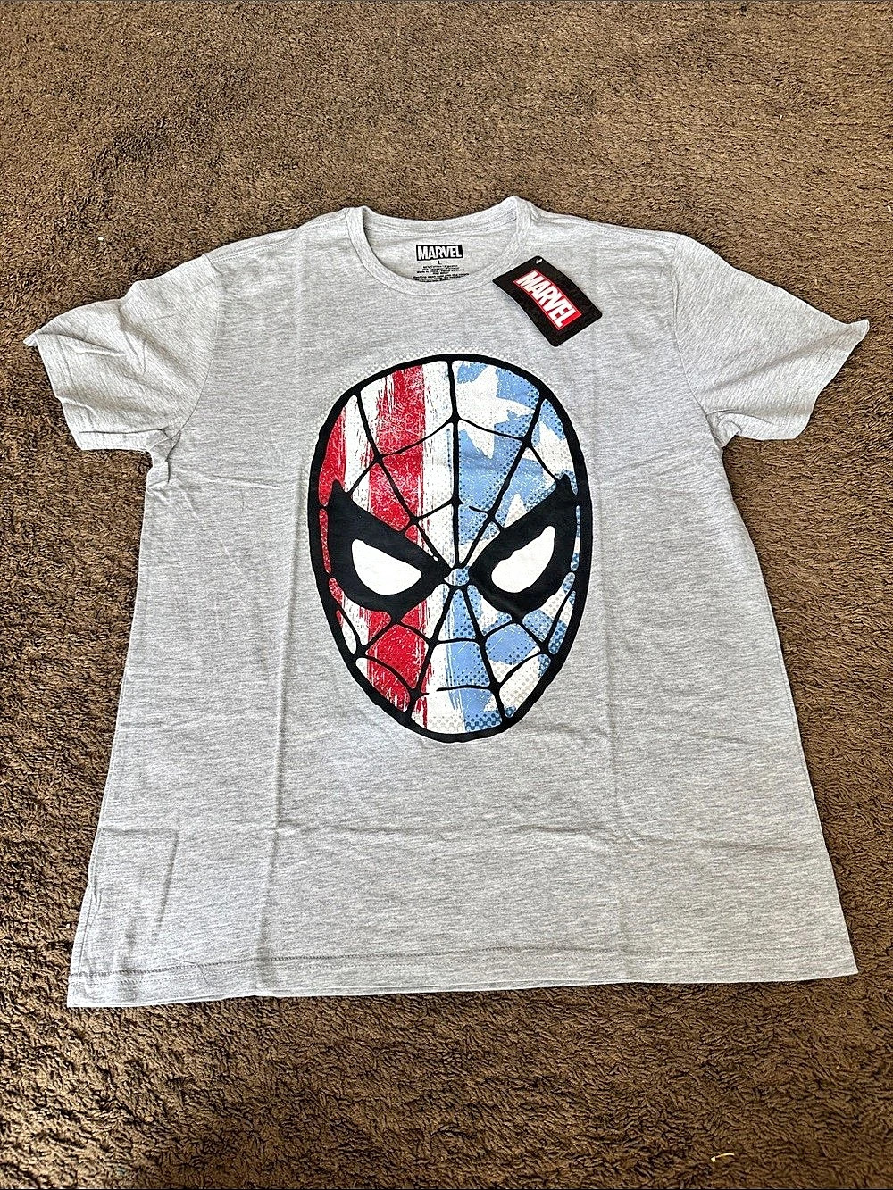 Marvel Spider-Man USA Flag Mask T-Shirt Gray & Red